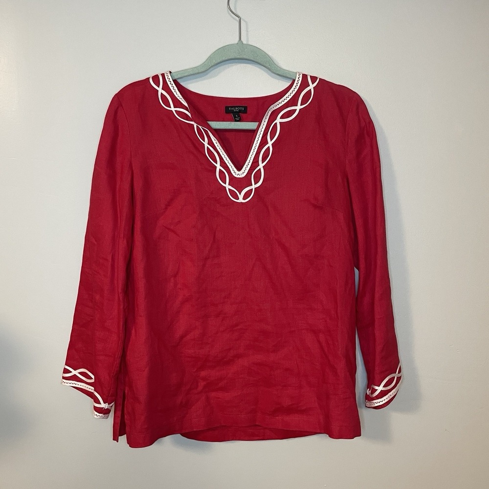 Talbots Top Womens Petite Small 100% Linen Red Tunic Blouse White Trimmed Preppy